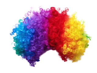 Vibrant, curly rainbow clown wig, perfect for costumes, parties, and playful fun