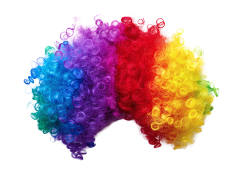Vibrant, curly rainbow clown wig, perfect for costumes, parties, and playful fun