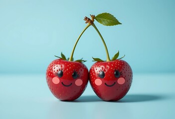 Strawberry on a blue  background. Cute fruit. Happy face strawberries