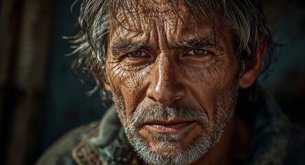 Close up portrait of a weathered man with graying hair and beard looking directly at the viewer