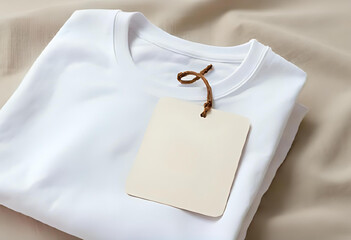 A blank shopping tag with string on folded t-shirt, placed on neutral fabric background, top-down view, ideal for clothing or fashion branding mockup.