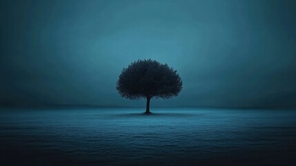 Solitary Tree Silhouette on Moody, Atmospheric Blue Landscape