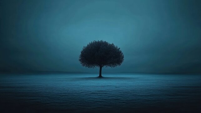 Solitary Tree Silhouette on Moody, Atmospheric Blue Landscape - Powered by Adobe