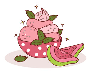 Guava Creamy sweet dessert ice cream in polka dot plate with Mint leaves and tropical Pink fruit slices. Vector Illustration. Exotic food, perfect for summer, menu design, packaging and healthy themes