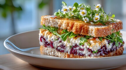 Wholesome vegan sandwich with superfood grains, clean eating concept, fiber-rich and antioxidant breakfast, realistic food photography perfect for healthy diet and healthy lifestyle.