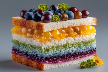 Wholesome riceberry sandwich, layered with with fresh vegetables, blueberries, whole grain and antioxidant-rich superfood, fiber-rich vegan meal for a healthy lifestyle.