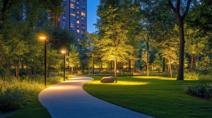 A public park with solar lighting accentuating trees, sculptures, and walking trails at night