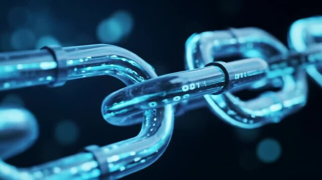 Glowing digital chain with flowing binary code, cybernetic macro shot, pulsing blue animation