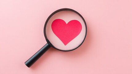 Red heart shape under magnifying glass on soft pink background, symbolizing love and affection, creating a visually appealing and romantic atmosphere for various design projects