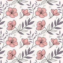 Seamless pattern with delicate pink flowers and purple leaves on a light background