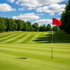 Obraz premium Vibrant green golf course with red flag under blue sky green grass white pole