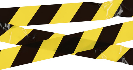 Two distinct strips of vibrant yellow and black diagonal striped hazard tape Glossy wrinkled surface details are visible