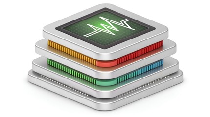 High-performance multi-layered CPU processor stack, modern technology concept, clean studio shot, vibrant color accents, digital health monitoring, efficient data processing, innovative design, isomet