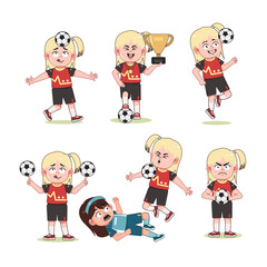 Cute Blonde Girl Cartoon Character Playing Football set
