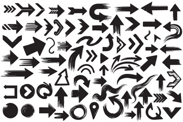 Set of black paint brush stroke arrow, grunge hand drawn doodle arrow, chalk pencil pointer, flat arrow mark icon and modern cursor symbol in different direction for technology business and education