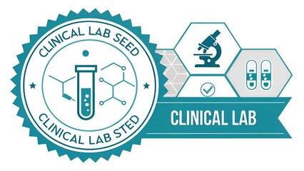 Modern Teal Clinical Lab Seed Testing Badge:  Microscope, Test Tubes, and Molecular Structure Iconography, Quality Assurance Checkmark, Professional Medical Graphic Design.