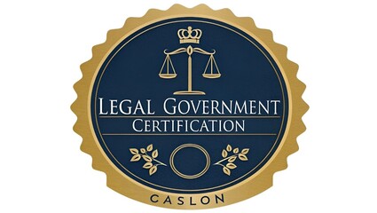 Obraz premium Gold and navy blue legal government certification seal; elegant, authoritative, and professional design; scales of justice and crown imagery; Caslon font; ideal for law, compliance, and governance con