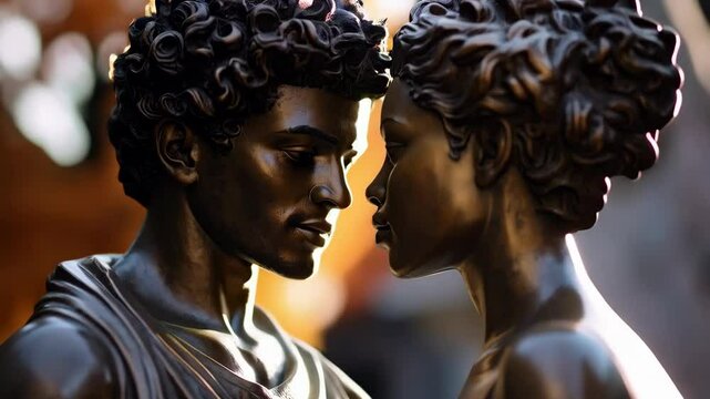 Romantic bronze statues of African descent face each other with curly hair in a park at golden hour with bright blurred background.