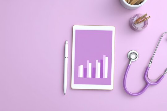 Healthcare fraud data analysis concept. Tablet displaying graphs on a purple background with a pen and stethoscope nearby.