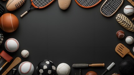 "Sport Equipment Circle on Black Background"