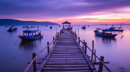 Fototapeta premium Scenic long exposure view of romantic purple and blue sunset over the island of Koh Tunsay in Cambodia, with surreal sky, calm water, and peaceful tropical seascape creating a dreamy atmosphere