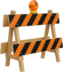 Wooden construction barrier with two orange and black striped warning boards and a vibrant orange warning light