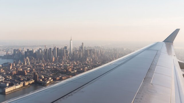 Commercial passenger airplane wing flying above Manhattan cityscape in New York City, showing urban skyline, tall skyscrapers, and iconic architecture from aerial perspective during flight