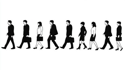 Business professionals in formal attire walking in a line, showcasing diverse roles and styles, representing teamwork and corporate culture in a minimalist illustration format