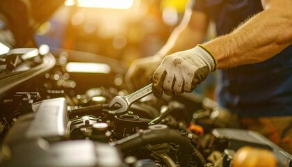 Close-up of a mechanic's hands using a wrench on a car engine in a sunlit garage, showcasing automotive repair and maintenance.
