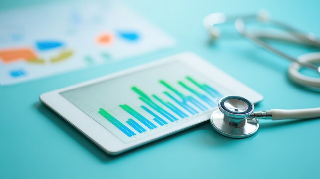Healthcare fraud data analysis concept. Medical tablet with graphs and stethoscope on a blue background.