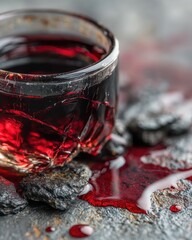 Glass Tumbler with Dark Red Liquid Spilling on Textured Rocks, Close-Up Concept of Abstract Mystery, Raw Beauty, and Dynamic Flow for Creative Projects