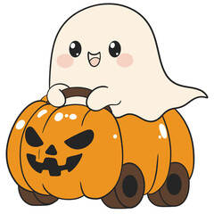 halloween cute ghost riding a pumpkin like a car in flat color cartoon style