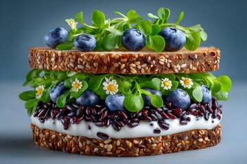 Close-up of colorful vegan sandwich with riceberry, antioxidant-rich superfood, fiber-rich layers, detailed food photography for cookbook, cafe, wellness, detox, or health menu.