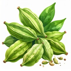 Obraz premium Green Cardamom Pods and Seeds Watercolor Painting