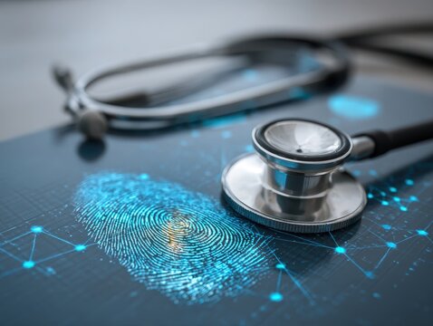 Healthcare fraud data analysis concept. Stethoscope on a digital fingerprint background symbolizing health technology.