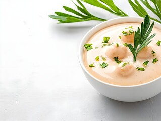 "Minimalist White Bowl of Soup on Table"