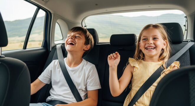 Two happy children enjoying a road trip adventure in the back seat