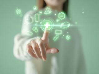 Healthcare fraud data analysis concept. A hand interacts with digital health icons against a soft green background.