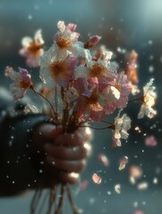 Hand Holding Fading Wildflowers with Falling Petals and Soft Bokeh, Ethereal Image Capturing Fragility, Autumn, Nostalgia, and Nature's Transient Beauty for Artistic and Emotional Concepts