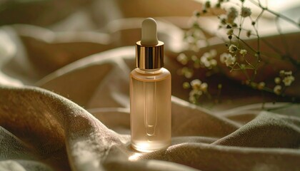 Naklejka premium A glass serum bottle with a dropper on luxurious fabric, surrounded by delicate flowers, perfect for beauty and skincare themes.