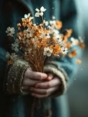 Hands in Knitted Sleeves Holding a Bouquet of Dried Wildflowers, Soft Focus Image Evoking Autumnal Nostalgia, Fragility, and the Beauty of Nature's Enduring Cycle