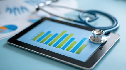 Healthcare fraud data analysis concept. Tablet displaying health data charts with a stethoscope nearby.