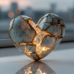 Cracked Porcelain Heart with Golden Kintsugi and Inner Glow, Symbolic of Healing, Resilience, Imperfection, and Enduring Love on a Reflective Surface, Concept for Valentine's Day or Emotional Themes