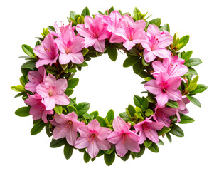 Delicate Azalea Flower Wreath with Mixed Greenery, isolated on transparent background.