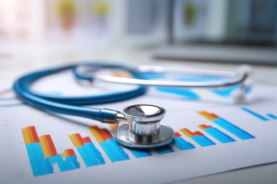 Healthcare fraud data analysis concept. Stethoscope on a table with colorful health charts in the background.
