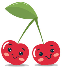 Cute cherry characters are happily facing each other in this colorful vector illustration. Each cherry features a smiling expression and a green leaf, creating a cheerful atmosphere