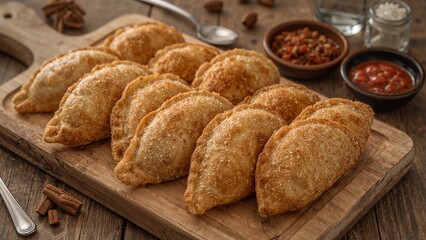Fototapeta premium Golden fried empanadas perfectly arranged on wooden board