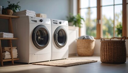 Bright laundry room featuring modern washing machines, wicker baskets, and natural light from large windows.