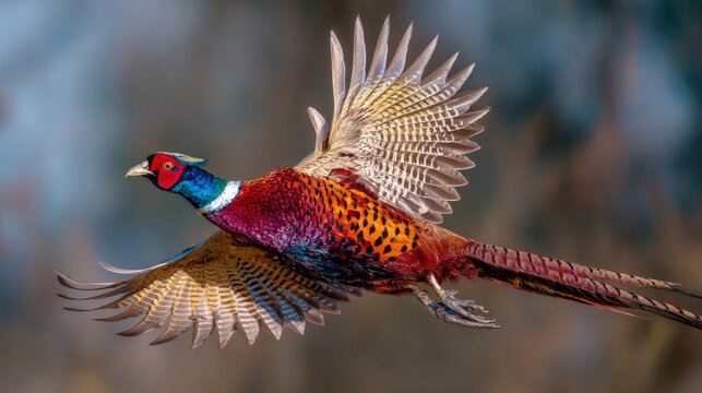 Colorful pheasant flying with wings fully spread in closeup view, detailed plumage, feathers visible against natural forest background. Wildlife bird in motion concept, game species in rural habitat