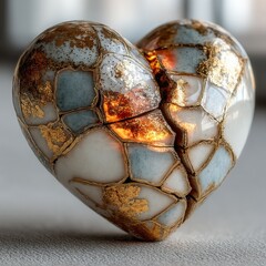 Cracked Porcelain Heart with Intricate Gold Kintsugi and Warm Inner Glow, Symbolizing Resilience, Healing, and Enduring Beauty through Imperfection, Ideal for Emotional and Artistic Concepts